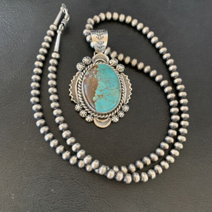 Men's Navajo Pearls Necklace | Sterling Silver | Blue #8 Turquoise Pendant | Authentic Native American Handmade | 10867