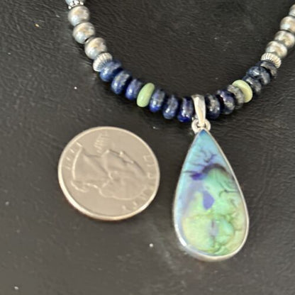 Navajo Green Turquoise Lapis Necklace with Opal Pendant | Sterling Silver | Authentic Native American Handmade | 14370