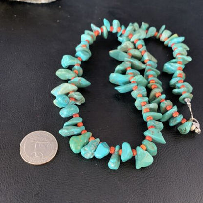 Navajo Green Turquoise & Spiny Oyster Graduated Necklace | Sterling Silver | Authentic Native American | 21" | 14009