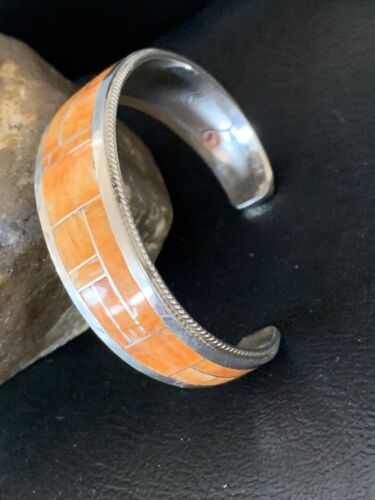 Native American Zuni Orange Spiny Oyster Inlay Cuff Bracelet | Sterling Silver | 12097