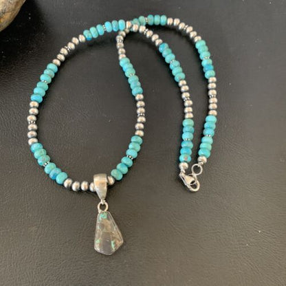Women's Blue Turquoise Pendant Necklace | Navajo Pearls | Sterling Silver | Authentic Native American Handmade | 13368