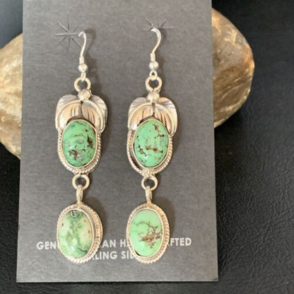 Navajo Green Spiderweb Turquoise Dangle Earrings | Sterling Silver | Authentic Native American Handmade | 13544
