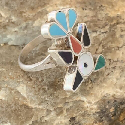 Zuni Peyote Bird Ring | Sterling Silver Coral Turquoise Onyx Mother of Pearl Inlay | Sz 5.5 | 10789