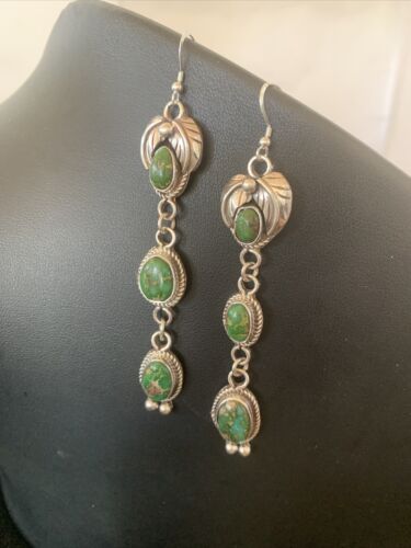 Navajo Sterling Silver Dangle Earrings | Green & Sonoran Gold Turquoise | Authentic Native American Handmade | 1213