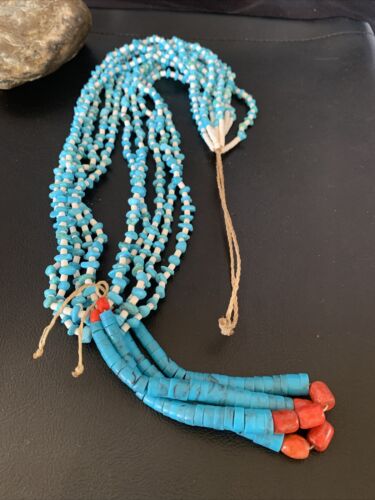 Native American Santo Domingo Blue Turquoise Coral Jacla Necklace | 5 Strand Nugget Bead | 34" | 13182