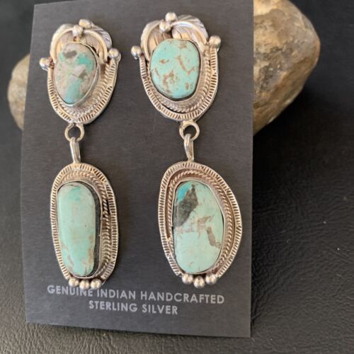 Navajo Blue Dry Creek Turquoise Post Dangle Earrings | Sterling Silver | Authentic Native American Handmade | 13875