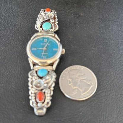 Navajo Blue Turquoise & Coral Watch Tips | Sterling Silver | Authentic Native American Jewelry | 14325