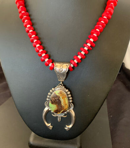 Navajo Green Gaspeite Naja Pendant with Red Coral | Sterling Silver | 23" Necklace | Authentic Native American Handmade | 11165