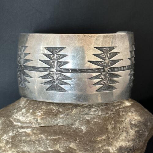 Native All Sterling Silver Navajo Stamped Cuff Bracelet Handmade 14589