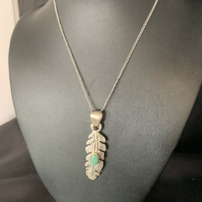 Navajo Green Turquoise Feather Pendant Necklace | Sterling Silver | 16" | Authentic Native American Handmade | 13685