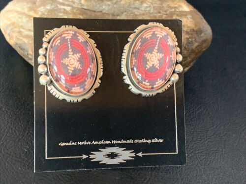 Navajo Red Rug Design Stud Earrings | Sterling Silver | 1" | Authentic Native American Handmade | 13110