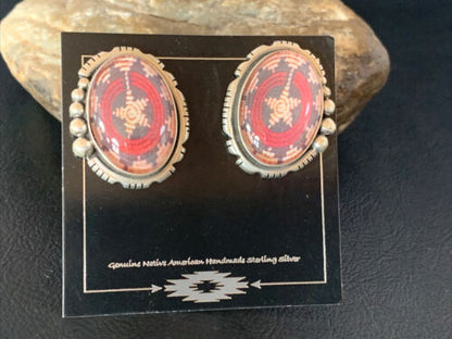 Navajo Red Rug Design Stud Earrings | Sterling Silver | 1" | Authentic Native American Handmade | 13110