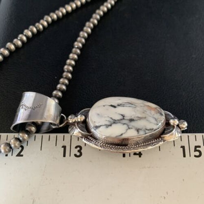 White Buffalo Turquoise Pendant Necklace | Sterling Silver | Navajo | Authentic Native American Handmade | 13991