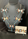 Zuni Dragonfly Necklace Earrings Set | Turquoise Onyx Inlay | Sterling Silver | Authentic Native American Handmade | 14213