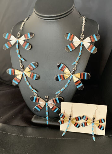 Zuni Dragonfly Necklace Earrings Set | Turquoise Onyx Inlay | Sterling Silver | Authentic Native American Handmade | 14213