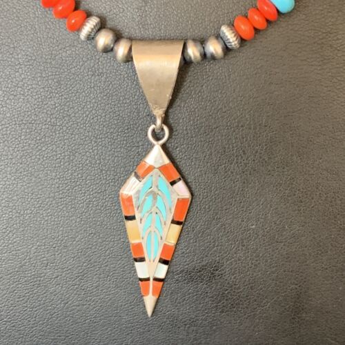 Navajo Blue Turquoise Coral Pendant Necklace | Sterling Silver Inlay | Authentic Native American Handmade | 13840