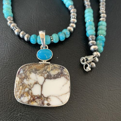 Navajo Pearl Blue Turquoise, Wild Horse & Multi-Stone Pendant Necklace | Authentic Native American Sterling Silver | 11862
