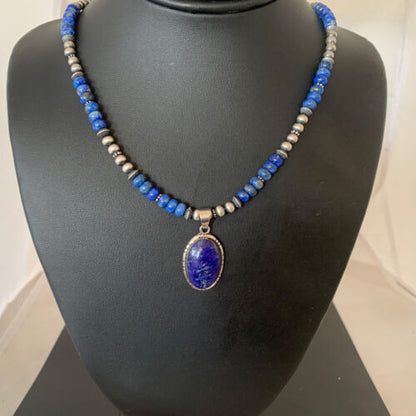 Navajo Pearls Lapis Pendant Necklace | Sterling Silver | Native American Handmade | 01775