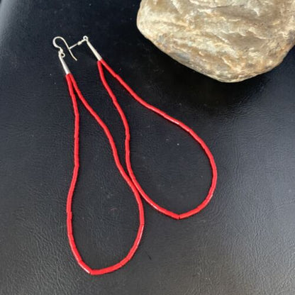 Handmade Sterling Silver Heishi Beads Earrings with Faux Red Coral | 5" | 13502