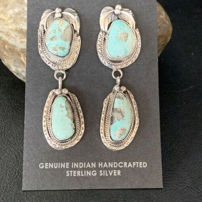 Navajo Blue Dry Creek Turquoise Post Dangle Earrings | Sterling Silver | Authentic Native American Handmade | 13880