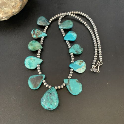 Southwestern Navajo Pearls Necklace | Sterling Silver | Blue Turquoise Teardrop | 13150