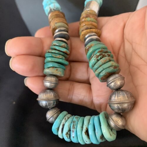 Navajo Blue Green Turquoise Barrel Beads Graduated Necklace | Sterling Silver | Authentic Native American Handmade | 26" | 12673