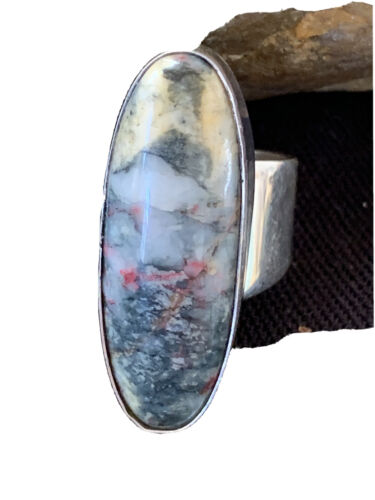 Southwestern Navajo Cinnabrite Ring | White Black | Sterling Silver | Sz 7.5 | 01559