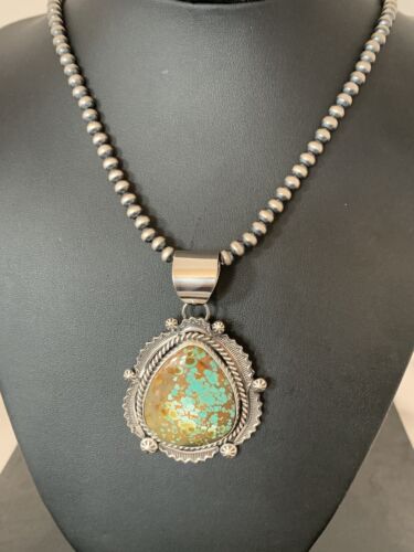 Native American Men's Sterling Silver Turquoise #8 Pendant | Navajo Pearls Necklace | 208