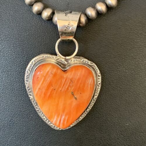 Navajo Orange Heart Spiny Oyster Pendant | Sterling Silver Necklace | Authentic Native American Handmade | 13947