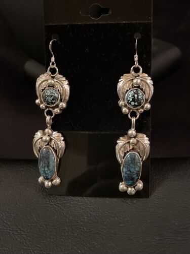 Navajo Spiderweb Turquoise Dangle Earrings | Sterling Silver | Authentic Native American Handmade | 1236