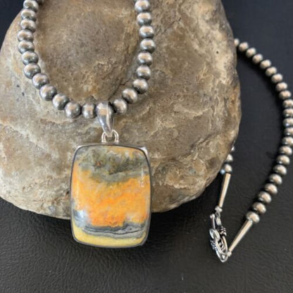 Navajo Bumblebee Jasper Pendant Necklace | Sterling Silver | Authentic Native American Handmade | 12725