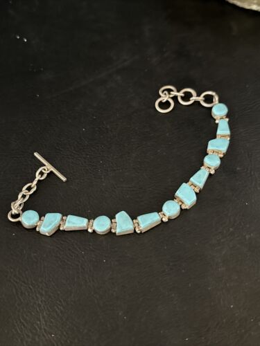 Southwestern Old Pawn Blue Turquoise Link Bracelet | 8" | Sterling Silver | 14260