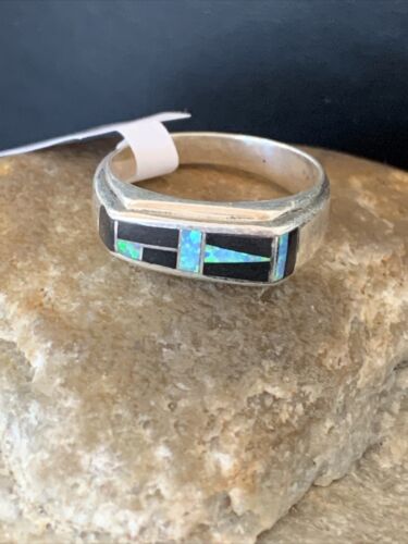 Navajo Multi-Color Opal & Black Onyx Inlay Ring | Sterling Silver | Sz 9.5 | 14677