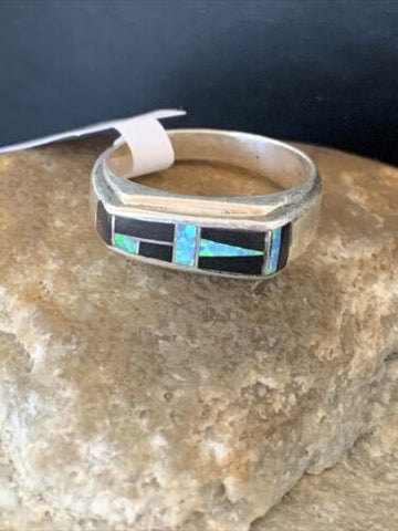 Navajo Multi-Color Opal & Black Onyx Inlay Sterling Silver Ring Size 9.5 14677