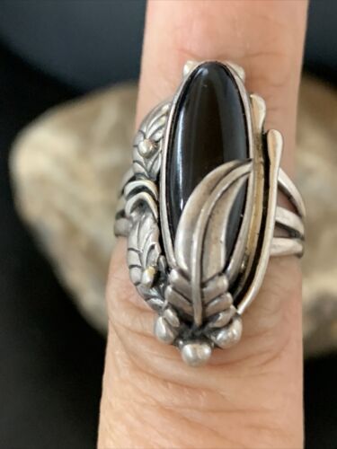 Native American Indian Design Black Onyx Ring | Sterling Silver | Sz 7 | 10797