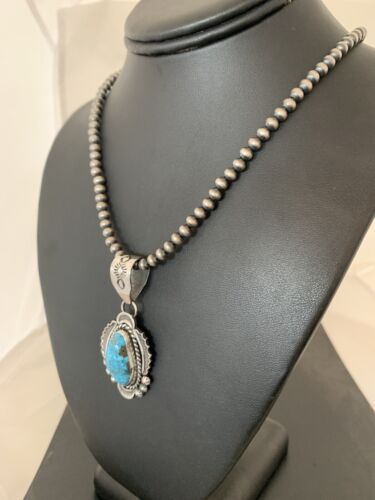 Navajo Spiderweb Kingman Turquoise Pendant Necklace | Sterling Silver | Authentic Native American Handmade | 688