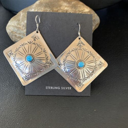 Navajo Blue Turquoise Earrings | Stamped Sterling Silver | Authentic Native American Handmade | 13321