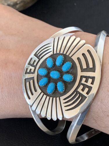 Navajo Sterling Silver Kingman Turquoise Cuff Bracelet | Men's Cluster | Blue | 1651