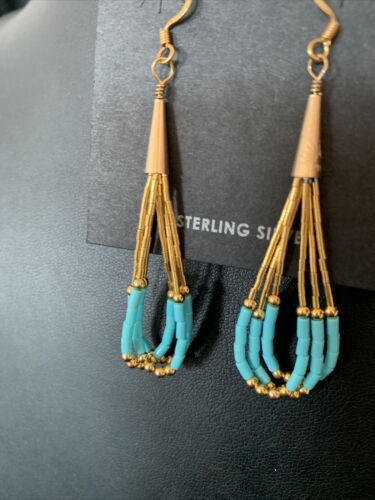 Navajo Blue Turquoise Dangle Heishi Earrings | Liquid Gold Filled Tubes | 2" | 13032