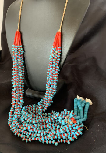 Southwestern Santo Domingo Red Coral Blue Turquoise Necklace | 10 Strand | 40" | 12046