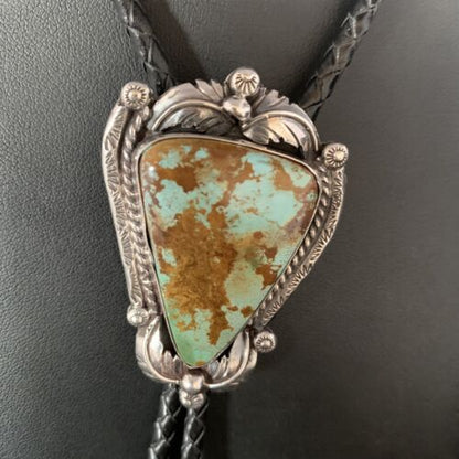 Navajo Green Royston Turquoise Bolo Tie | Sterling Silver | Authentic Native American Handmade | 14109