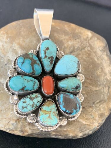 USA Cluster Coral Spiderweb Turquoise Navajo Sterling Silver Pendant 2228