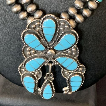 Zuni Sleeping Beauty Turquoise Inlay Necklace | Sterling Silver Squash Blossom | 12232