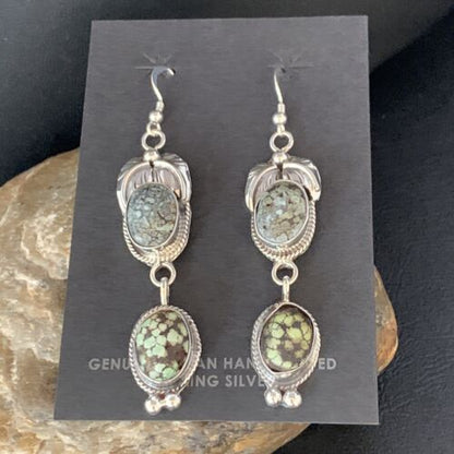 Navajo Green Spiderweb Turquoise Dangle Earrings | Sterling Silver | Authentic Native American Handmade | 13545