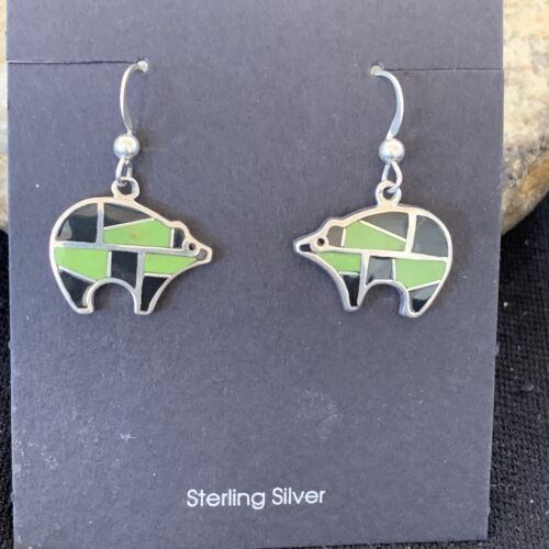 Navajo Green Gaspeite & Onyx Bear Inlay Earrings | Sterling Silver | 0.25" | 1512