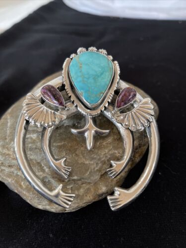 Navajo Sterling Silver Naja Pendant | Turquoise & Spiny Oyster | Authentic Native American Handmade | 1059