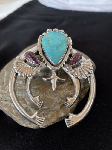 Navajo Sterling Silver Naja Pendant | Turquoise & Spiny Oyster | Authentic Native American Handmade | 01059