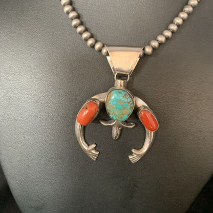 Navajo Pearl Necklace with Royston Turquoise & Coral Naja Pendant | Sterling Silver | 13644
