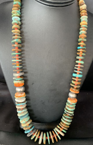 Navajo Green Turquoise & Spiny Oyster Necklace | Sterling Silver | Authentic Native American | 26" | 13907