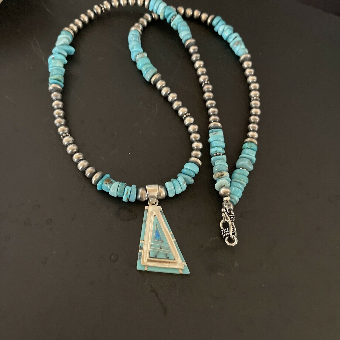 Authentic Native American Navajo Sterling Silver Pendant | Blue Turquoise & Opal Inlay Necklace | 11331